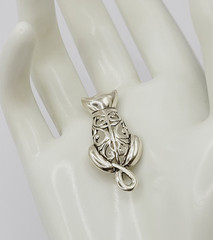 Cat Kitty Kitten Open Filigree Sterling Silver 925 Jezlaine Vintage Brooch Pin