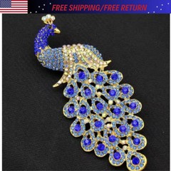 Vintage Style Peacock Bird Blue Rhinestone Crystal Cyan Bird Brooch Pin Pendant