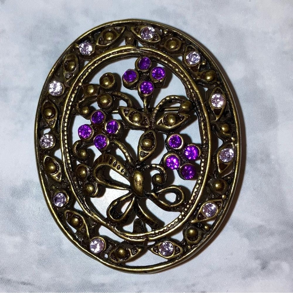 Vintage Brooch Purple Gold Floral Art Deco Pendant Pin Coquette Cocktail Jewelry