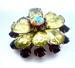 AB Rhinestone Brooch Pin Yellow & Brown Prong Set Gold Tone Floral Statement 2.5