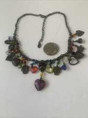 Vintage brass antique tone metal chain cluster bead necklace heart Charms. N61