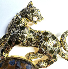 Vintage LEOPARD Cat BROOCH – Inset Enamel Molded Cabochon & AB RS – Gold plating