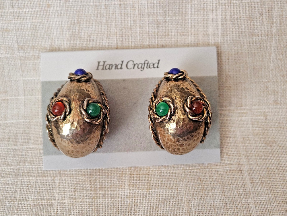 Vtg LES BERNARD Clip Earrings Antiqued Gold Tone Multicolor Rhinestone Cabochons