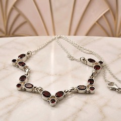 Garnet Necklace Sterling Silver Choker Red Gemstone Cluster V Shape Statement