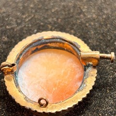 CAMEO brooch antique pink white trombone clasp brass frame heavy verdigris