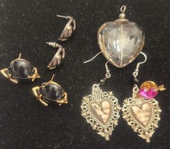 Vintage Heart Pendant / Pin Earring Lot Mixed Materials And Styles