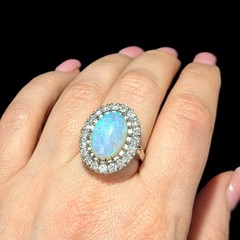 Vintage Opal Diamonds 14k White Gold Large Cocktail Ring Halo Estate Gift