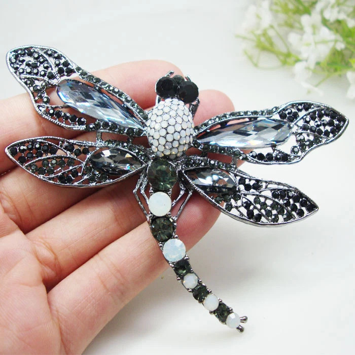 Vintage Black Dragonfly Bird Brooch Pin Pendant Rhinestone Crystal Accessories!!