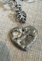 Vintage Pewter Heart Pendant Hieroglyphs String Charm Crystal Chain