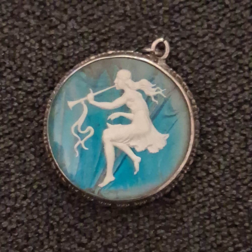 Antique Sterling Blue Morpho Butterfly Woman Horn Pendant England