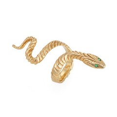 Vintage Elongated Snake Ring Sz 5 14k Yellow Gold Emerald Eyes Serpent Jewelry