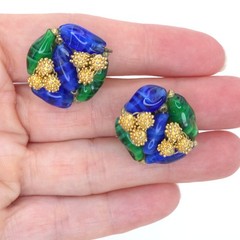 Elegant Vintage Les Bernard Clip On Earrings Blue & Green Glass Golden Ornament