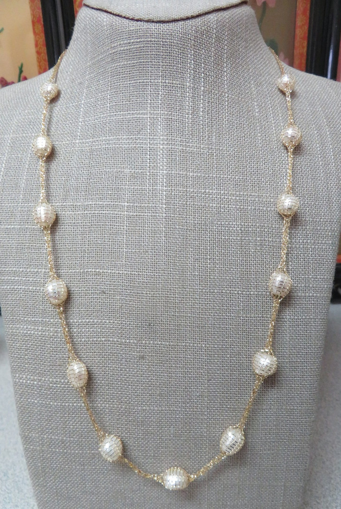 Vtg Italy 23.5″ 14K Yellow Mesh Gold Baroque Pearl Station Necklace 11.75 G