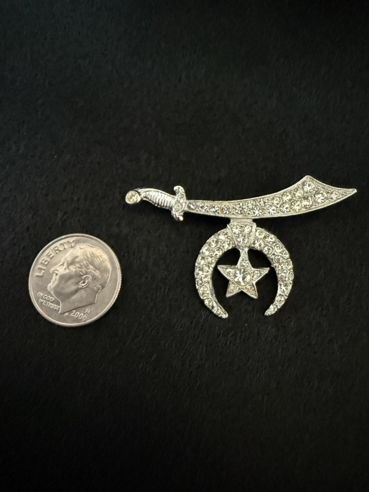 Vintage Silver Tone Masonic Scimitar Sword Cresent Star Clear Rhinestone Brooch