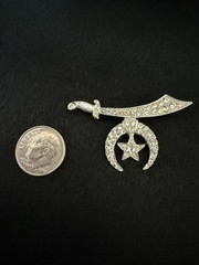 Vintage Silver Tone Masonic Scimitar Sword Cresent Star Clear Rhinestone Brooch