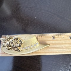 Vintage Signed Tona Hat Brooch Satin Gold Tone Bow Clear Rhinestone Hatband
