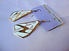 VINTAGE SAMUEL HUANG CLOISONNE RETRO ABSTRACT GRAY PINK & CREAM EARRINGS