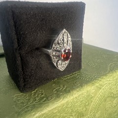 Vtg Art Deco Marquise Red Garnet & Marcasite 925 Sterling Silver 7.75 Signed CW