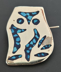 Vintage Taxco Mexico Alpaca Silver Owl Brooch Pin Turquoise Inlay Mexican Artisa