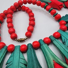 Vintage Red Rose Necklace & Earrings Set Carved Wood Look Folk Art 1960s