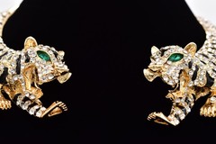 Statement Double Tiger Choker Necklace Rhinestone Crystal Gold Tone Chunky Bold