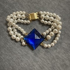 VTG 3 Strand Golden Faux Pearls Art Deco Style Blue Rhinestone Classic Elegant