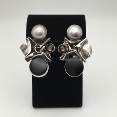 22g Vintage Sterling Silver Black Onyx & Pearl Earrings Marked Sterling #69