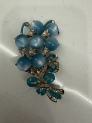 VTG Blue Moonglow Pot Metal Flower Bouquet Brooch Enamel 3″ Rhinestone Art Deco