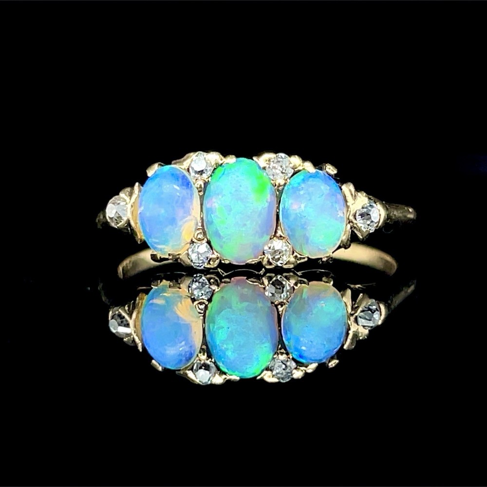 Victorian Cabochon Opal Old Mine Cut Diamond Band 14K Yellow Gold
