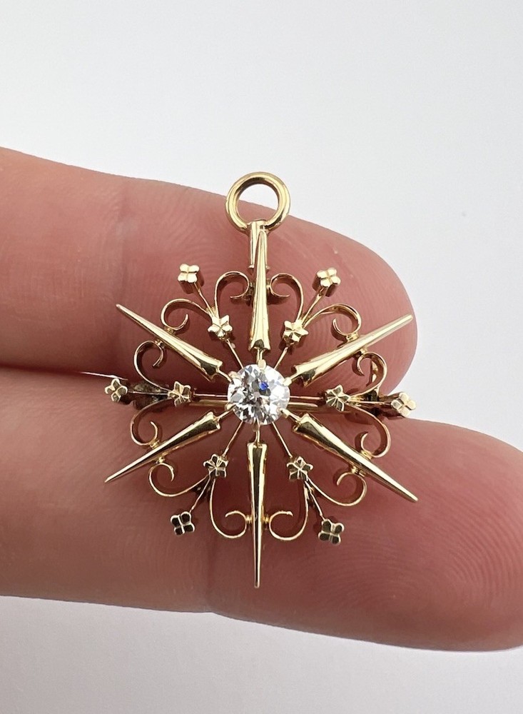 Antique 14K Yellow Gold .25ct Old European Cut Diamond Starburst Brooch Pendant
