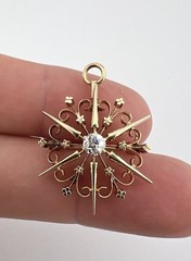 Antique 14K Yellow Gold .25ct Old European Cut Diamond Starburst Brooch Pendant