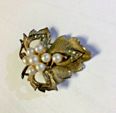 Sterling Silver Gold Vermeil Pearl Marcasite Leaf Pin Brooch Signed CREED 10.8g