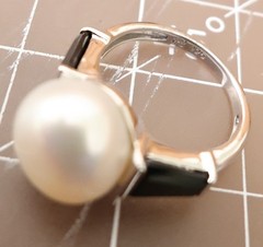 Art Deco ring QVC white pearl black crystals 925 sterling silver signet Size 5