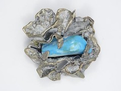 VINTAGE SIGNED HORNA MODERNIST BRUTALIST GEMSTONE STERLING PIN BROOCH ~ 62 mm