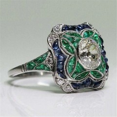 Art Deco Round Lab Created Diamond & Emerald Wedding 14Ct White Gold Finish Ring