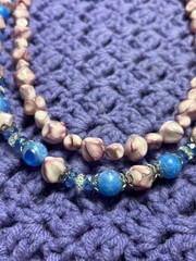 Vtg 2 Strand Plastic Beaded Necklace Pink Blue AB Silvertone Hooks 21 in. 24 in.