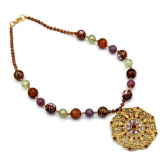 Vintage Graziano Mandala Pendant Necklace Cloisonne Beads Gold tone Statement