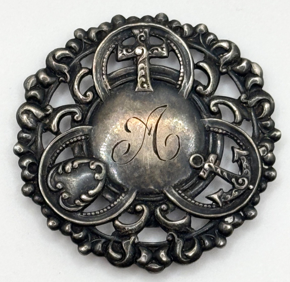 Antique Victorian Sterling Silver Faith Hope Charity Monogram Sash Ribbon Slide