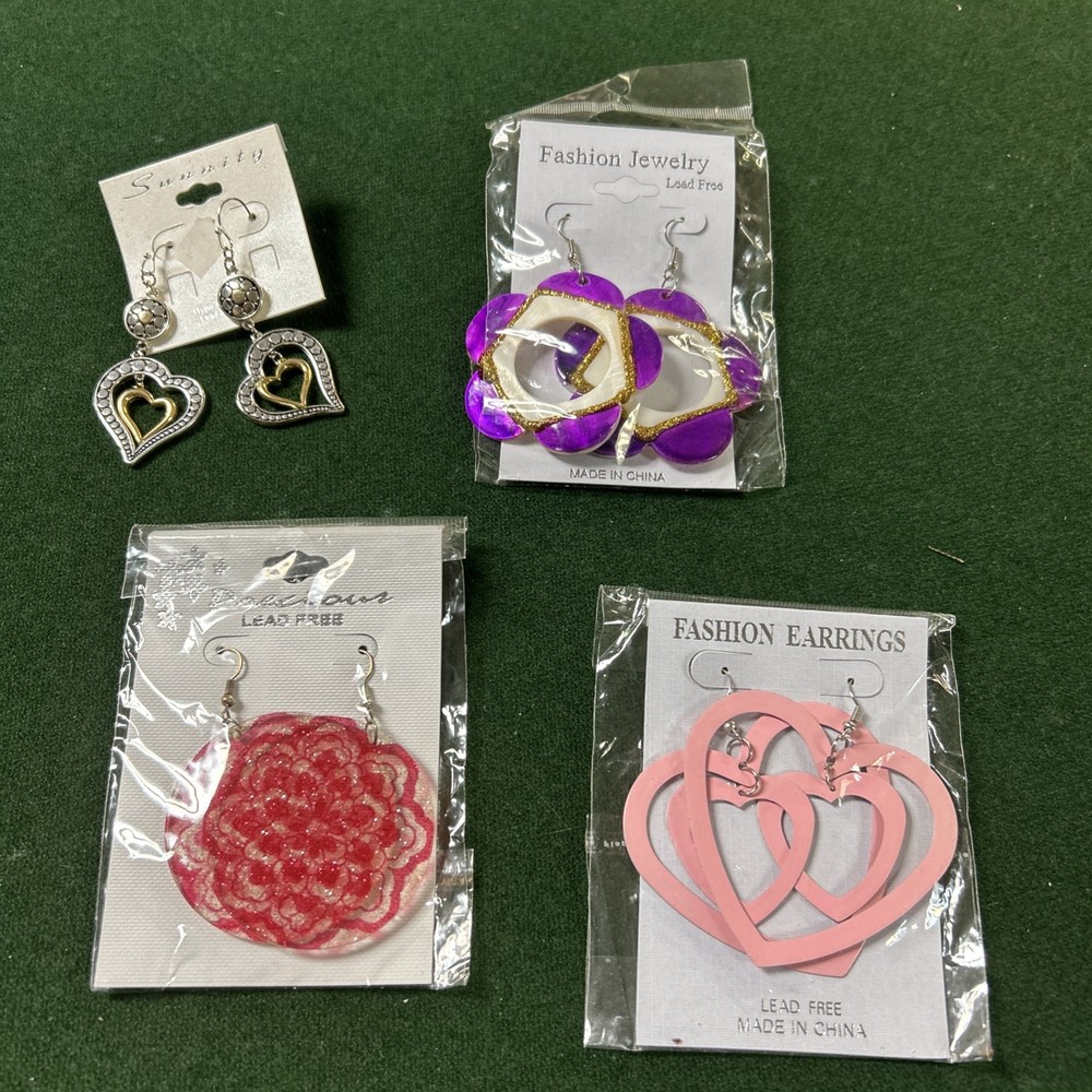 Vintage Pierced Earrings Lot Of 4 Pair 1990’s To 2000’s Hearts Resin Boho No Lea
