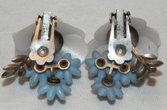 Vintage 60s Coro Blue & White Plastic Flower Clip Earrings Rhinestones Enamel