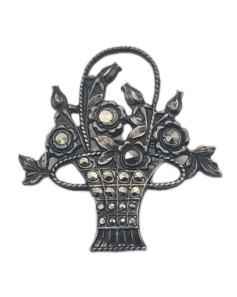 Sterling Silver Marcasite Art Deco Flower Basket Roses Vintage Brooch READ Gift