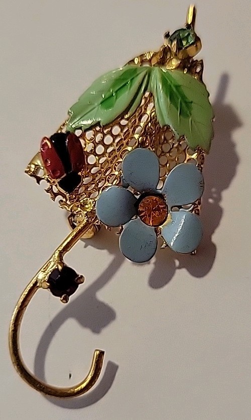 Goldtone Metal Enamel Rhinestone Lady Bug Flower Parasol Umbrella Pin Brooch