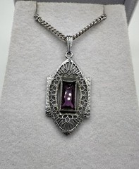 Antique Lavalier Pendant Purple Glass White Gold Plated Filigree Damaged READ