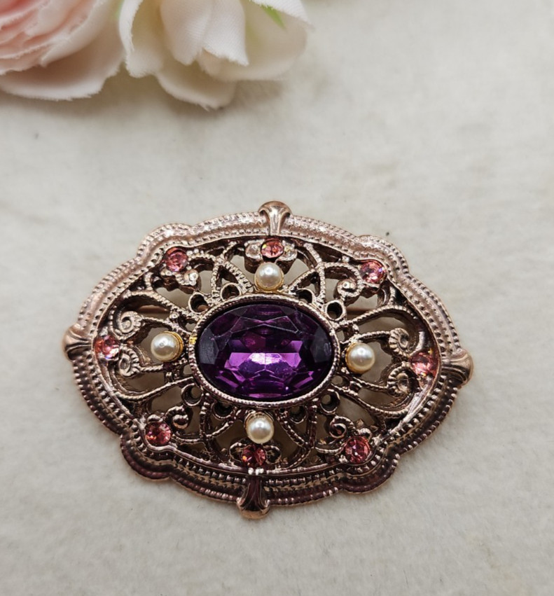 Vintage Victorian Style Oval Rose Seed Bead Purple Gemstone Brooch Rhinestone