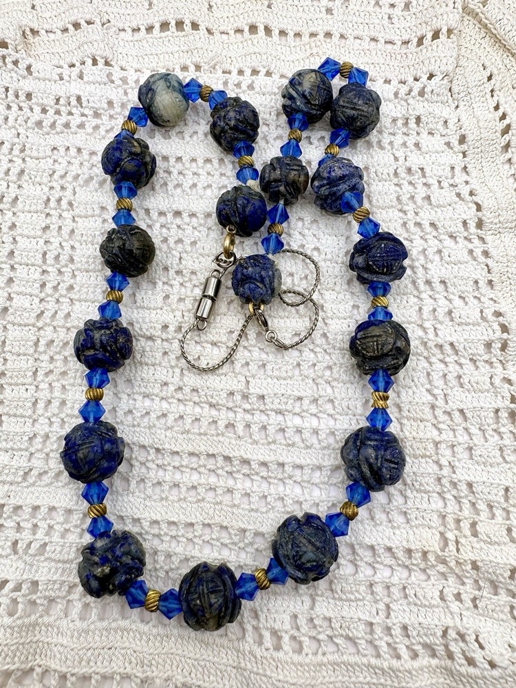 Vintage Hand Carved Lapis Lazuli Shou Bead Necklace 20”