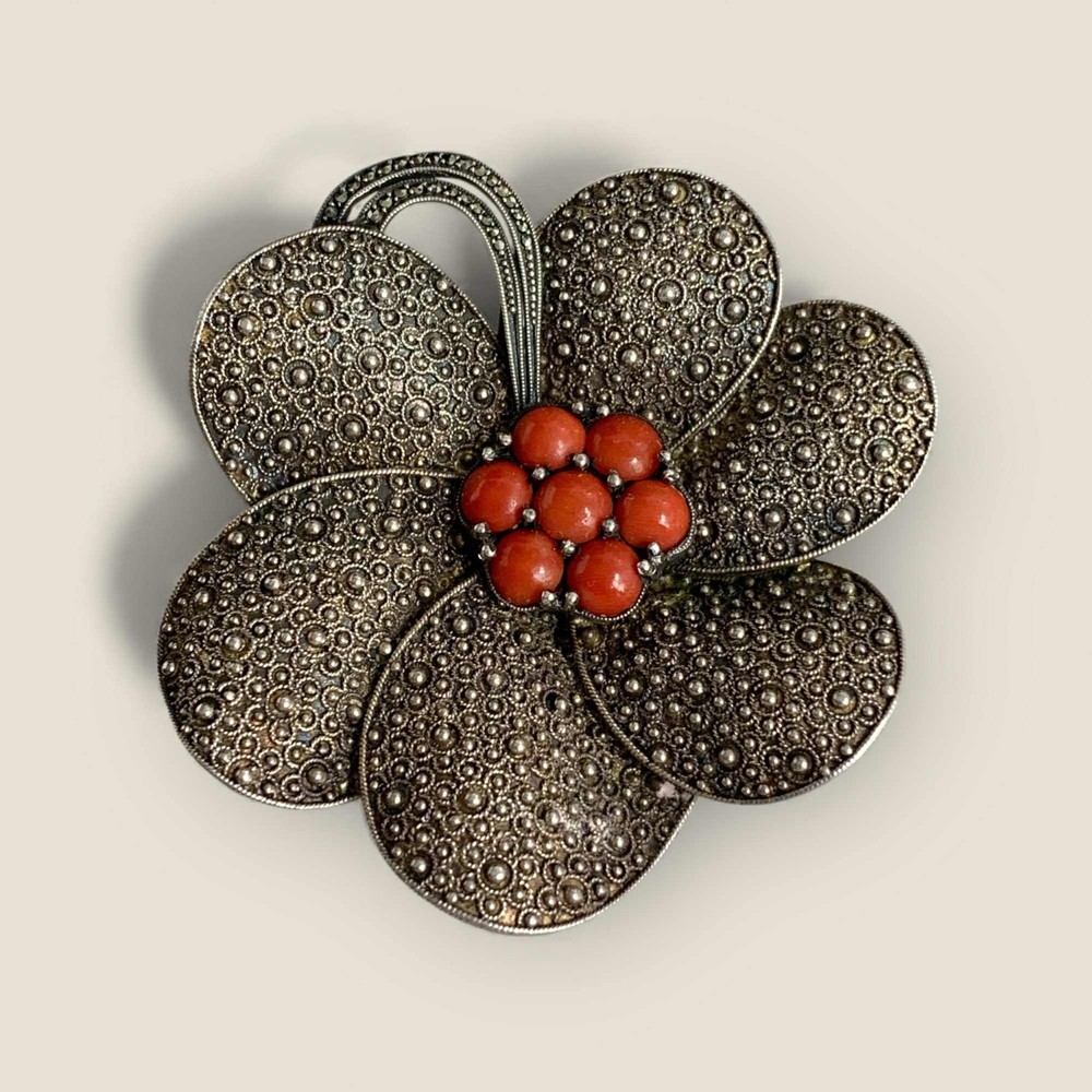 Theodor Fahrner Silver Brooch PIN 925 Markasite and Coral