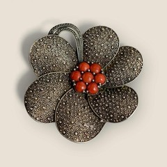 Theodor Fahrner Silver Brooch PIN 925 Markasite and Coral