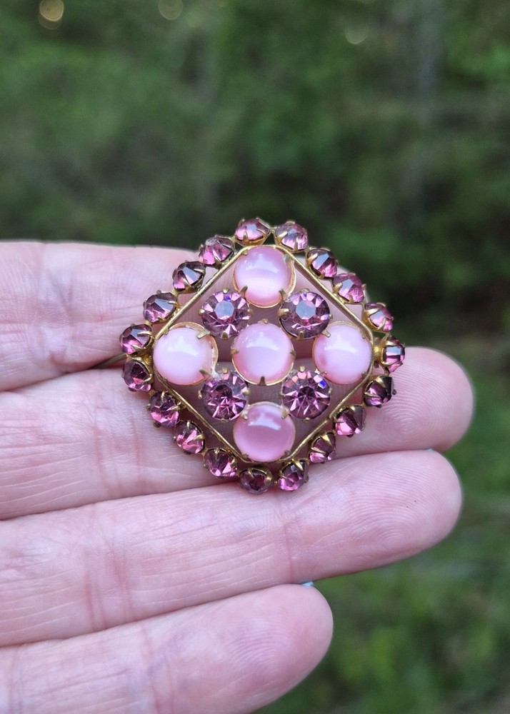 Art Deco Pink Satin Czech Glass Rhinestone Brooch Pin 1.25″