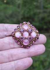 Art Deco Pink Satin Czech Glass Rhinestone Brooch Pin 1.25″