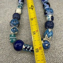 Vintage Artisan Necklace Ceramic Hand Painted Beads Blue White Floral 30 Inches